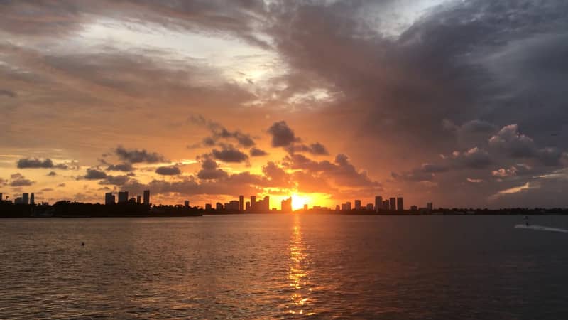 Sunset over the Miami skyline seen from the water