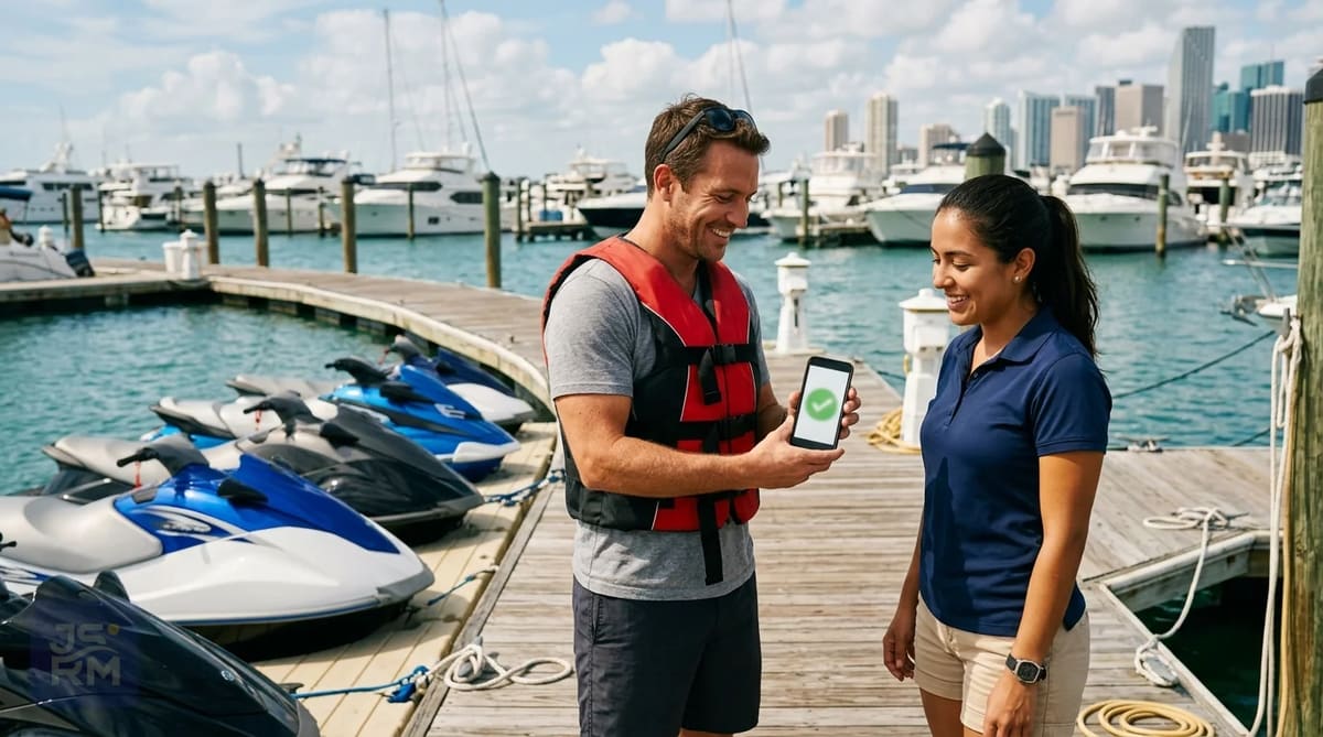 Renter showing a temporary boating certificate on a phone at a Miami jet ski dock