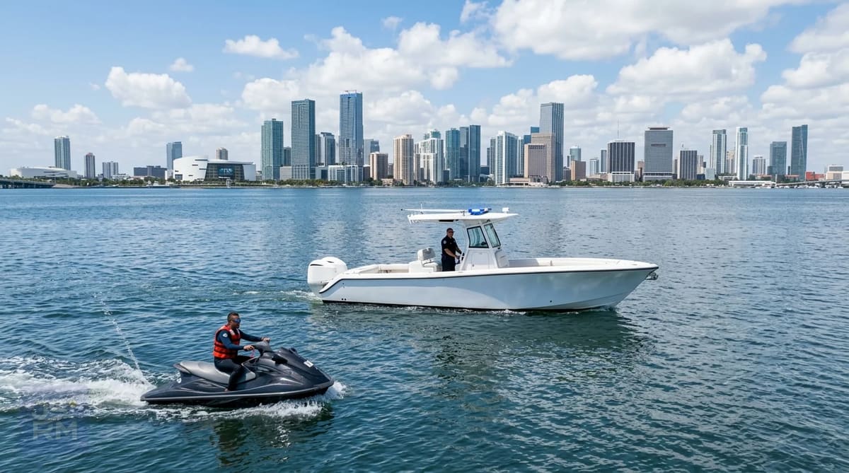 Marine patrol boat and jet ski rider on Biscayne Bay near Miami