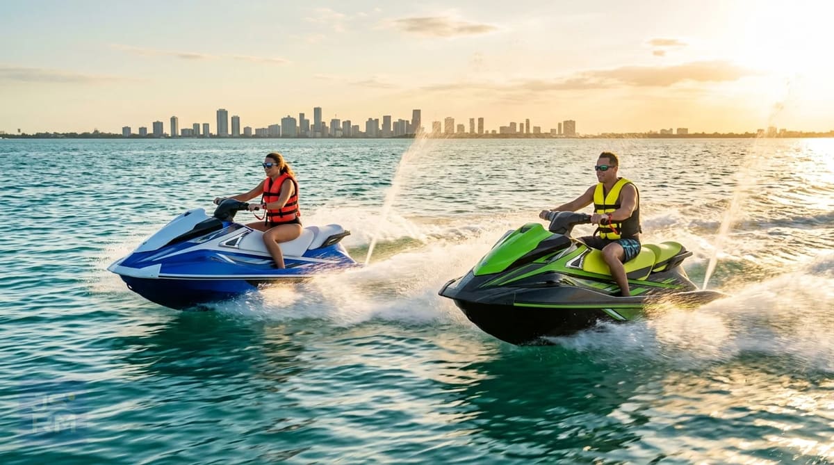 Two riders in life jackets jet skiing on Biscayne Bay after getting their Florida boating safety cards