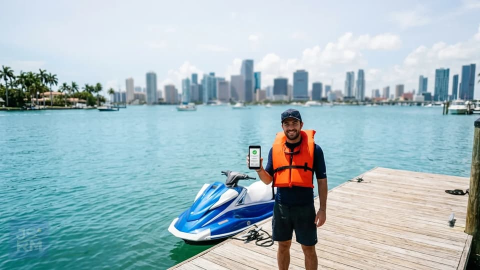 Rider holding a digital boating safety card next to a jet ski in Biscayne Bay Miami